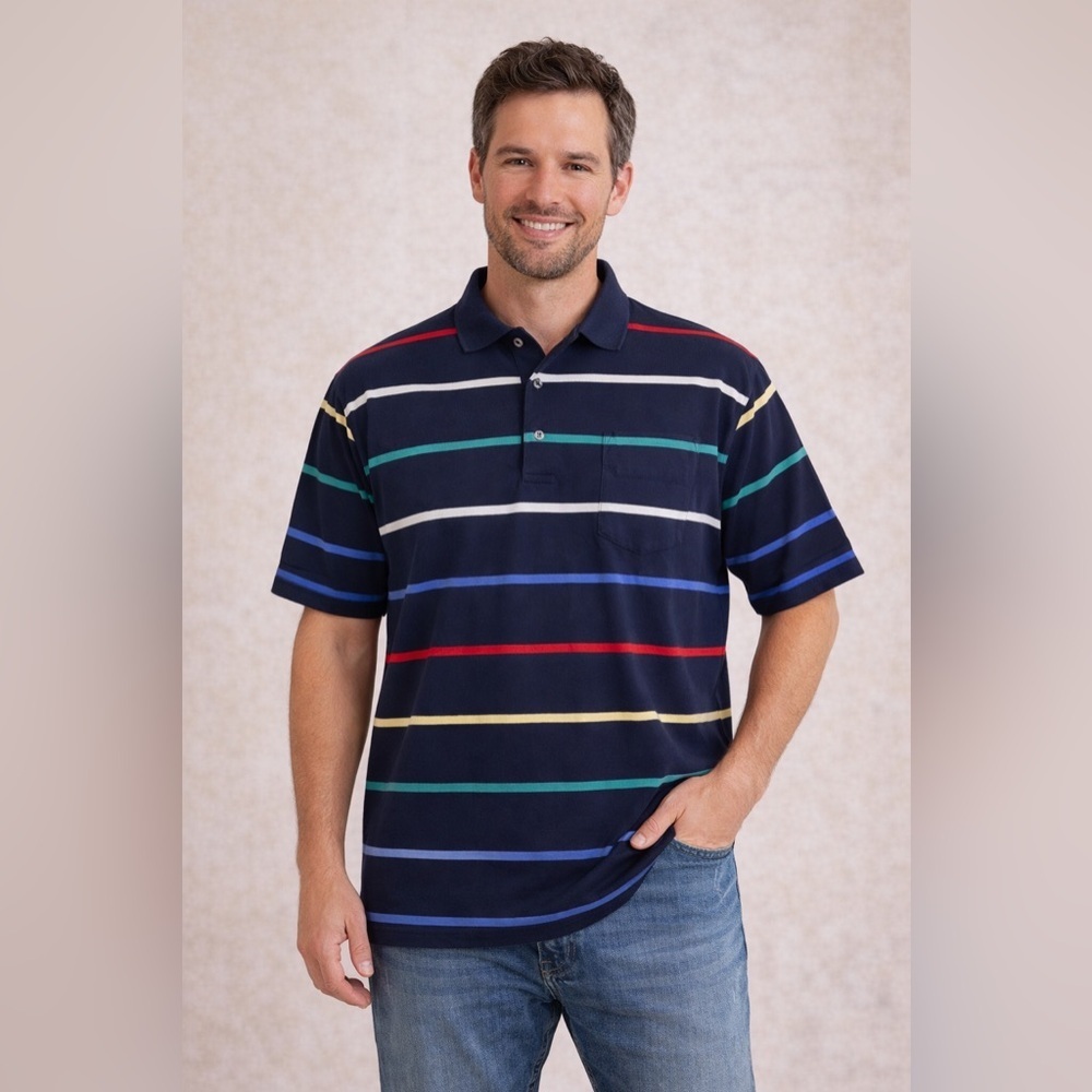 Jantzen vintage Y2K Men’s Striped Polo Shirt Navy Multicolor Size XL